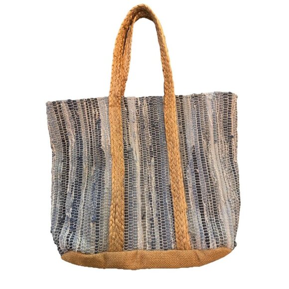 Straw Beach Shoulder Bag Boho Woven Mudpie India Jute Raffia Blue Metallic - Picture 3 of 10